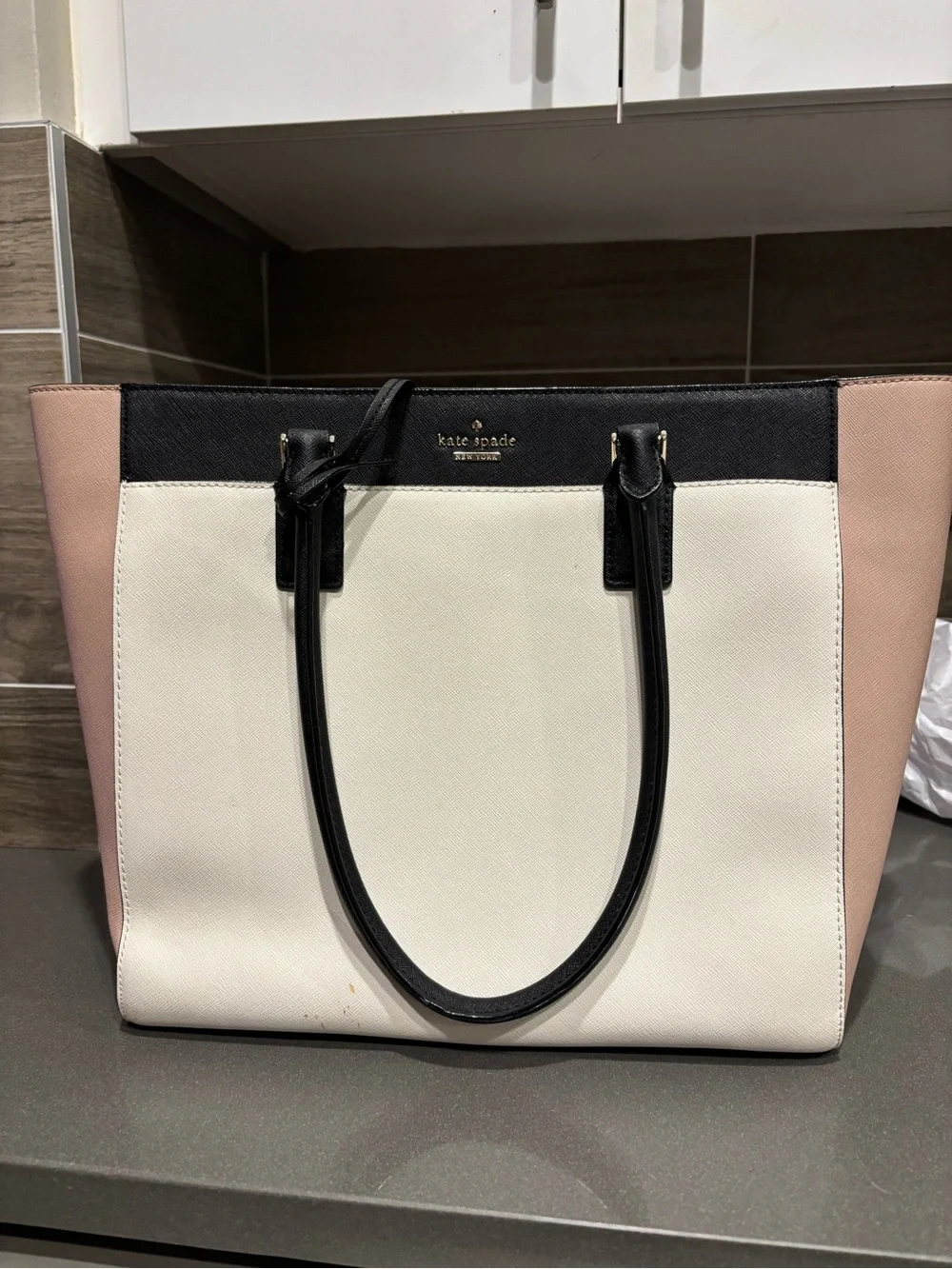 kate spade Tri-Color Saffiano Leather Tote - Blush, Black & Cream